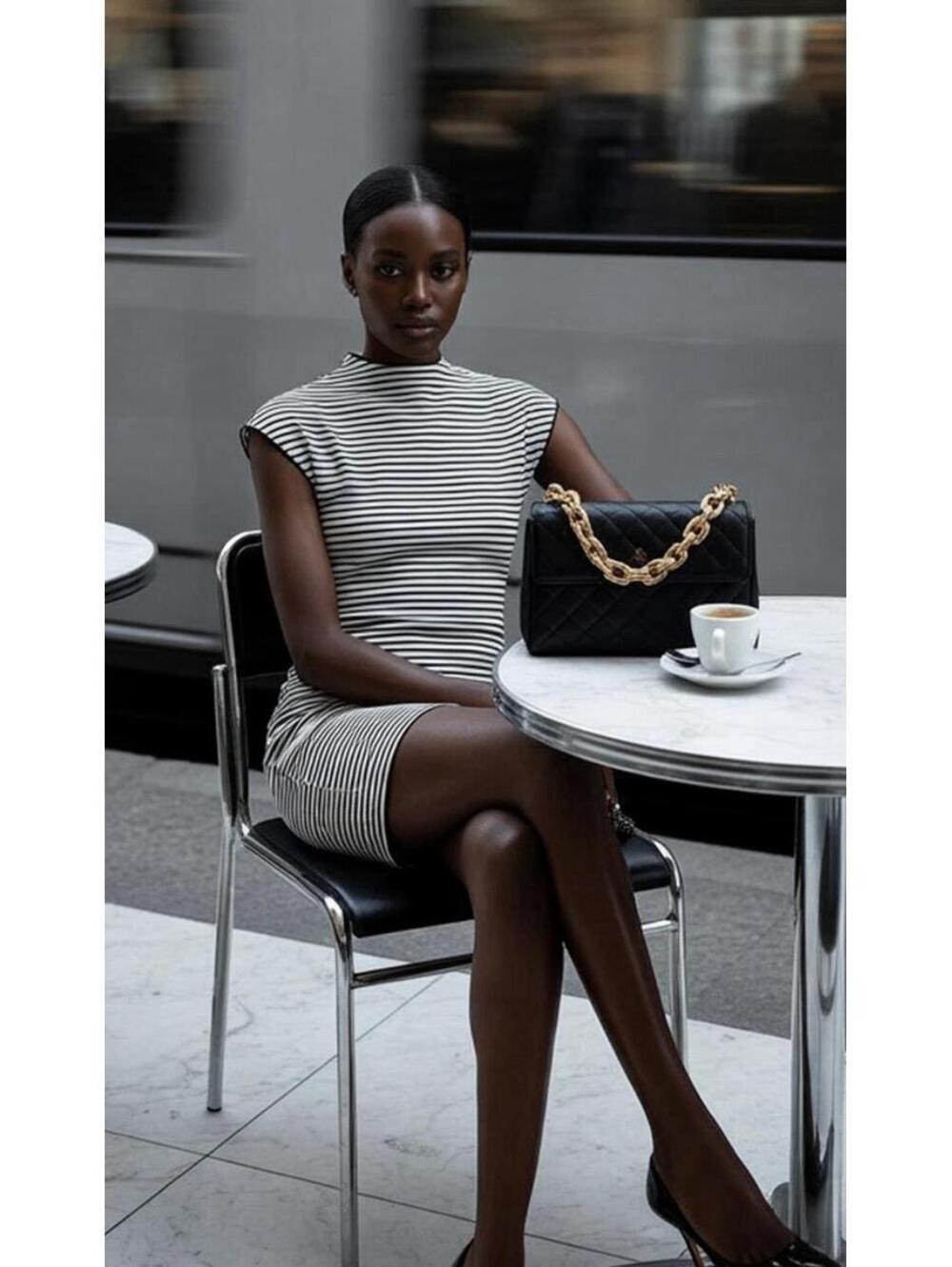 ZARA NWT Women’s Striped Bodycon Dress in White|Black-Size Large